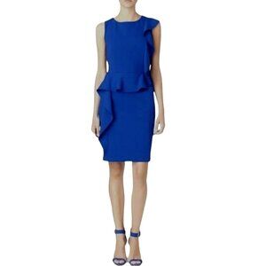 Calvin Klein Royal Blue Asymmetrical Ruffle Sheath Dress Size 12 Work Evening